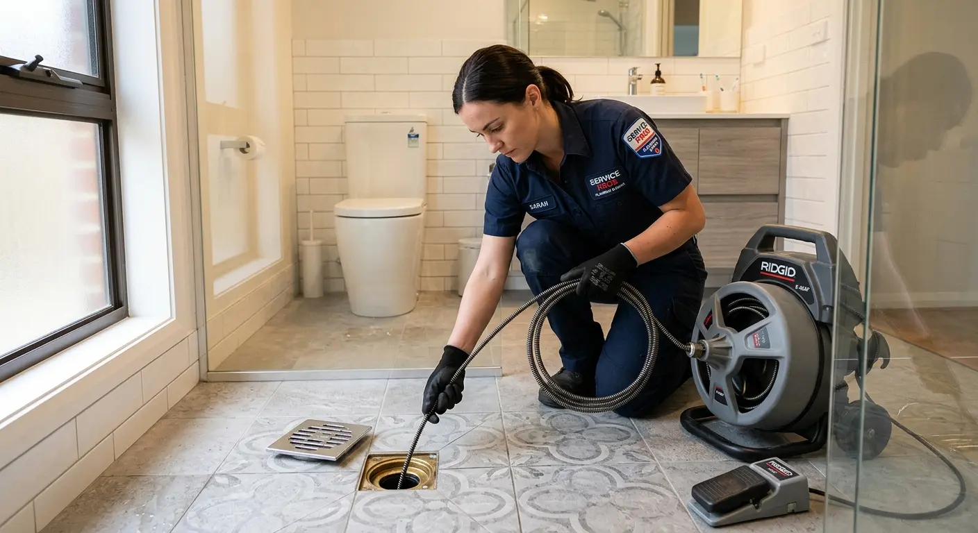Technician clearing a bathroom floor drain for Sewer Line Replacement in Brunswick